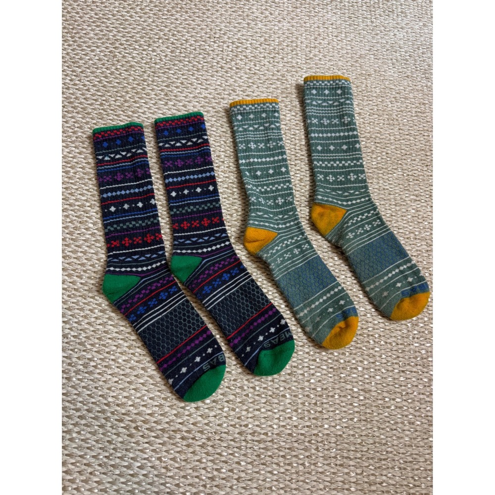 Bombas Merino Wool Blend Crew Socks 2-Pack Fair Isle Geometric Navy Green XL
